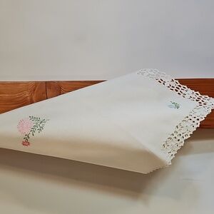 Chic White Tablecloth with Pink and Green Embroidery